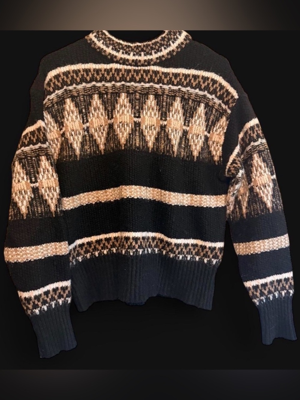 A.N.A. Fair Isle Knit Sweater Black Gold Neutral Geometric Crewneck Size Small